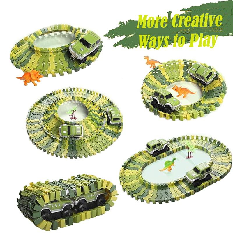 Dinosaur Toys 260 Pcs Create A Dinosaur Adventure World in Flexible Road Race Tracks have 360 Degree Loop with 2 Motorized Jeeps and Dino Accessories