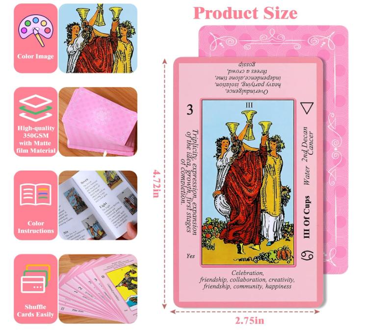 Myripoly Pink Tarot Cards Deck Set for Beginners with Meanings On Them-Tarot Card with Guidebook-(Free Velvet Tarot Bag Pouch)-tarot card