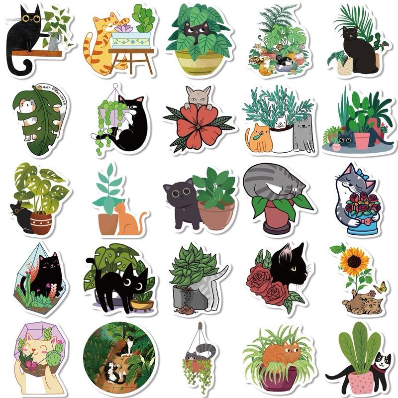 50 Pcs Cute Cartoon Cats & Plants Waterproof Stickers, DIY, for notebooks, bottles, phone, cases, laptops, Cats & Plants, Cats in the Garden