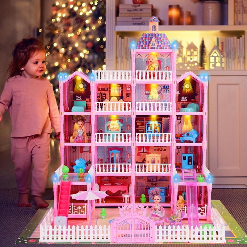 Five Floor Pink Dollhouse, 1 Set Doll House with LED Light String, DIY House Toy for Kids, Doll Accessories