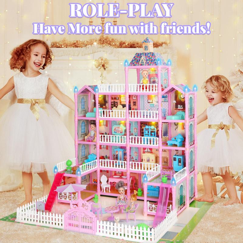 Five Floor Pink Dollhouse, 1 Set Doll House with LED Light String, DIY House Toy for Kids, Doll Accessories