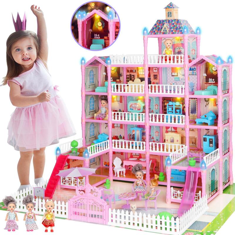 Five Floor Pink Dollhouse, 1 Set Doll House with LED Light String, DIY House Toy for Kids, Doll Accessories