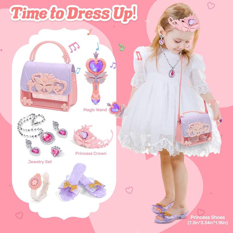 New Year Little Girls Play Purse, Toddler Purse Set, Handbag, Heels, Pretend Makeup, Toy Phone, Light-Up Magic Wand & Princess Jewelry