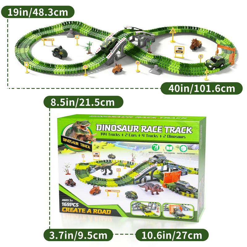 Dinosaur Forest Racing Free Splicing DIY Track 169 PCS Accessories Set, Track Racing Toy Birthday Christmas Halloween Gift,2 Dino Toys with 6 Dino Car