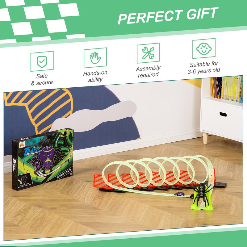 Qaba Track Builder Loop Kit Criss-Cross Glowing Race Track Toy Set Spooky Spider Fun Starter Kit, with Pull-back Car for 3-6 years old, Lime Green