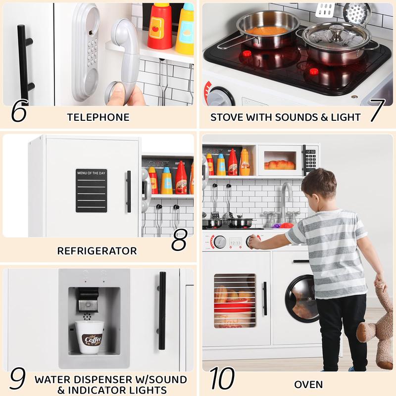 Wooden Chef Pretend Toy  Play Kitchen w Washing Machine, Water Dispenser, Stove, Real Sound & Light, Telephone, Range Hood, Oven, Sink