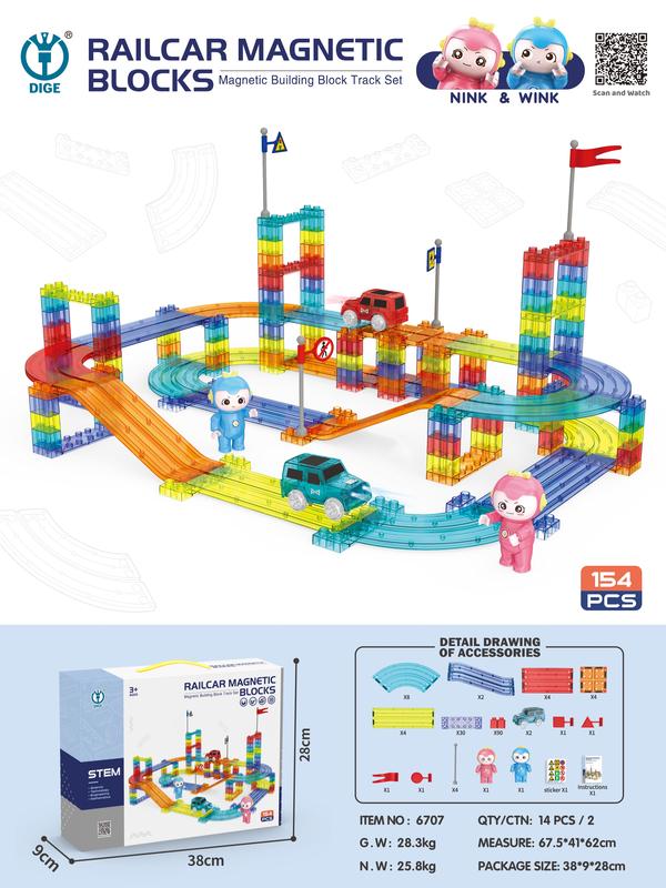 154PCS Magnetic Tile Track Playset includes LED cars, road signs, blocks and magnetic tiles. Great gift for children (batteries not included).