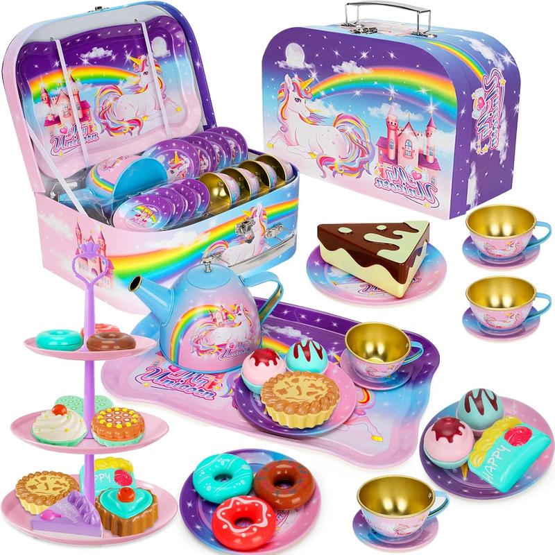 Chrismas  Girl Toys for 3+ Years Old, Tea Party Set for Little Girls, Kitchen Pretend Toy for Kids 3 4 5 6 Year Old, Girls Toys with Tin Tea Set, Desserts & Carrying Case, for Girls