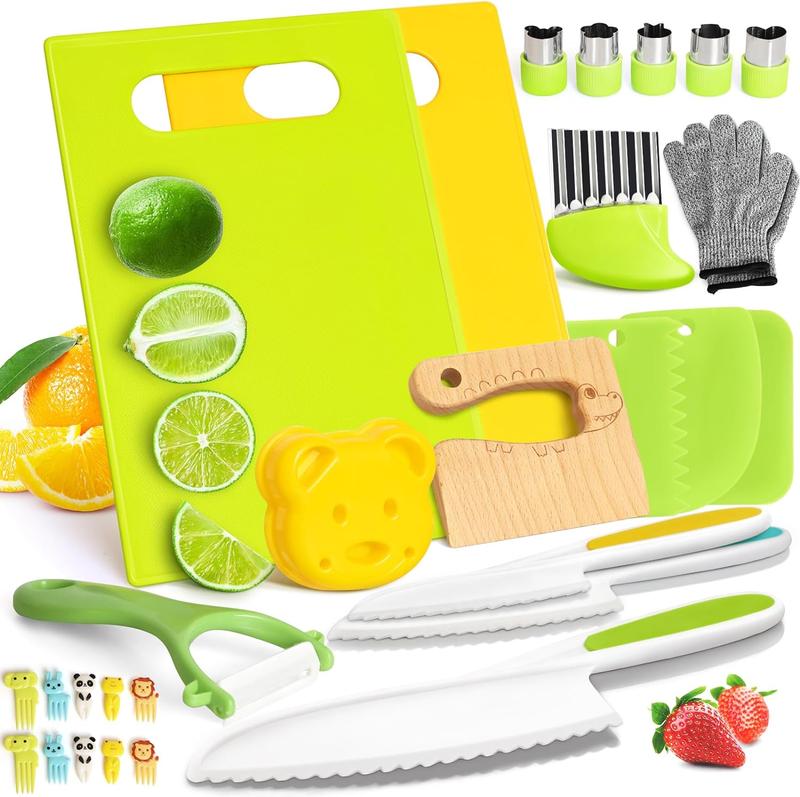 28 Pc sMontessori Kitchen Tools for Toddlers Kids Cooking Sets Safe Knife Set for Real Cooking Include Toddler Knives Cutting Boards Sandwich Cutters Peeler for Birthday