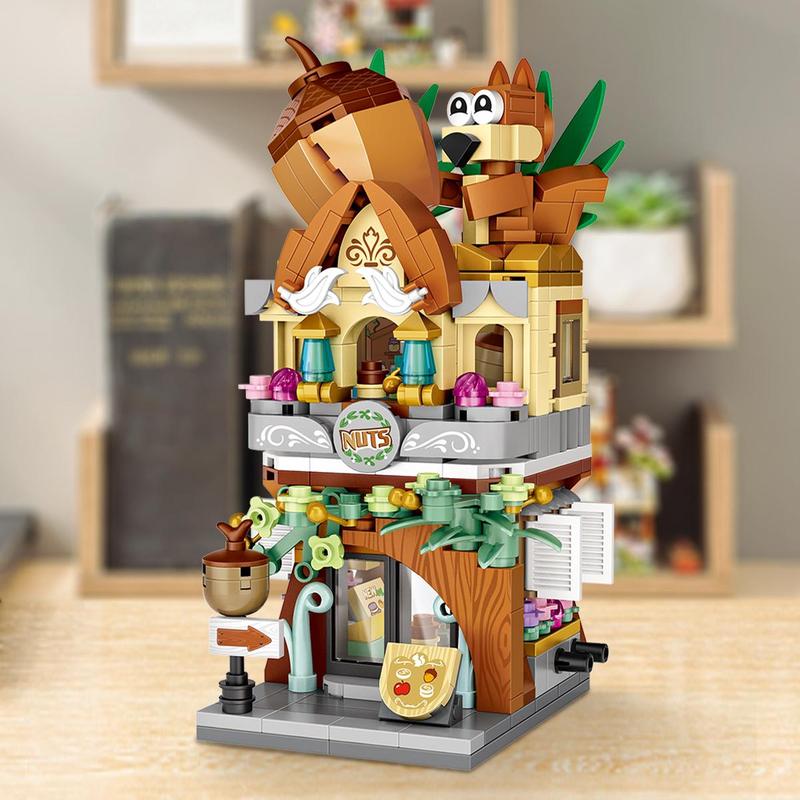 Squirrel Nut Shop Building Block Model, 486pcs set City Street View House Model Building Blocks Toy, Creative Desktop Decoration