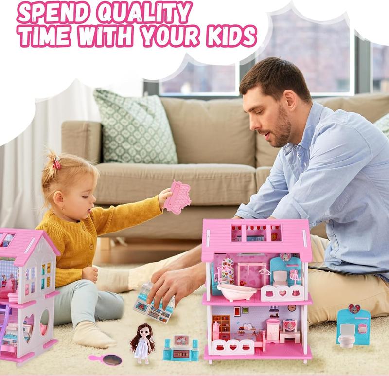 Christmas Doll House Girl Toys Dream Dollhouse 2-Story 4 Rooms Playhouse with 1 Dolls,3 Sets Doll Clothes, Lights, Furniture and Accessories, Pretend Play Toddler Doll Houses for Kids 3-8+ Year Old Gift