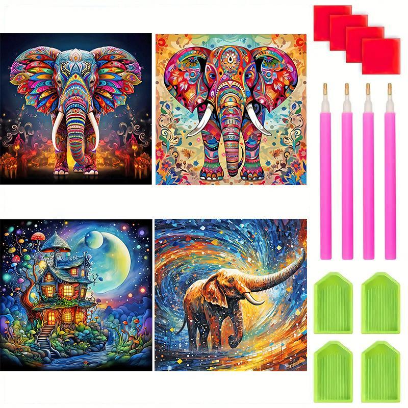 Elephants DIY Diamond Arts Painting Kit, 4 Counts set Colorful 5D Rhinestones Painting Pictures without Frame, Wall Art Decor for Home Living Room Bedroom