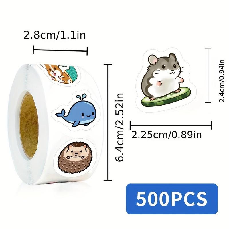 Cartoon Animal Pattern Sticker (500pcs roll), Cute Decorative Sticker, DIY Decals for Water Bottle, Laptop, Phone Case, Scrapbooking, Journal Making