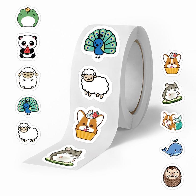 Cartoon Animal Pattern Sticker (500pcs roll), Cute Decorative Sticker, DIY Decals for Water Bottle, Laptop, Phone Case, Scrapbooking, Journal Making