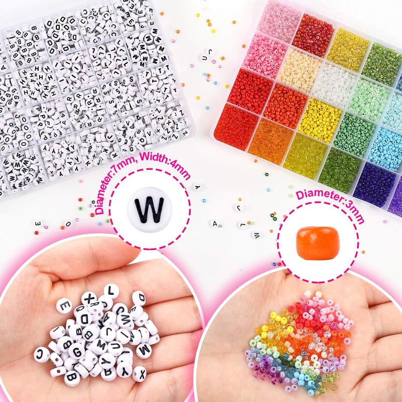 12000pcs 3mm  Seed Beads for Bracelets Making Kit with Letter Alphabet Beads, Friendship Bracelet Kits 8 0 Craft Bead for Jewelry Making Necklaces and Key Chains with 2 Rolls of Cord