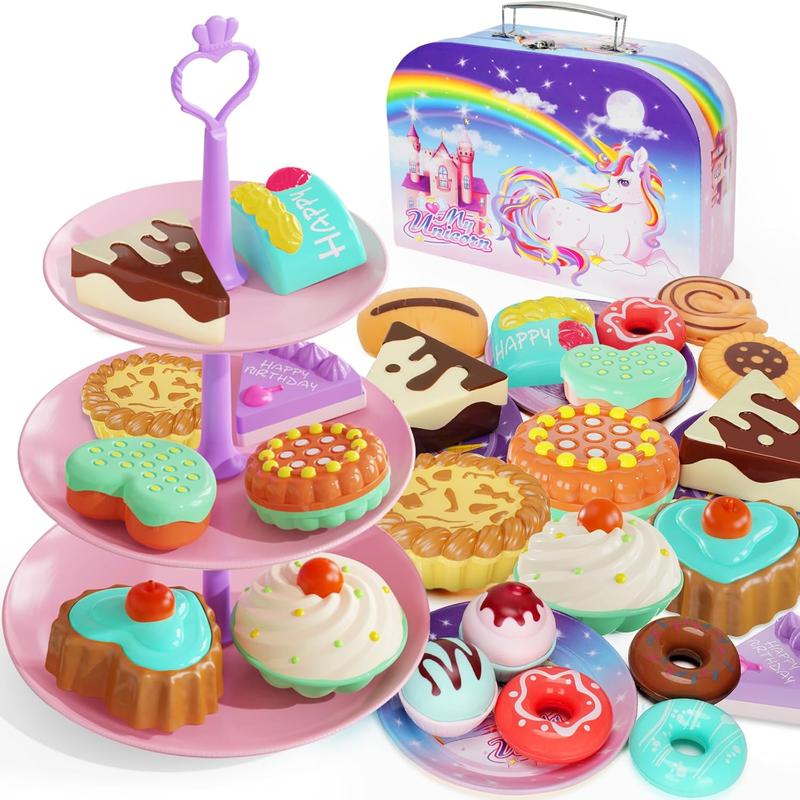 Chrismas  Girl Toys for 3+ Years Old, Tea Party Set for Little Girls, Kitchen Pretend Toy for Kids 3 4 5 6 Year Old, Girls Toys with Tin Tea Set, Desserts & Carrying Case, for Girls