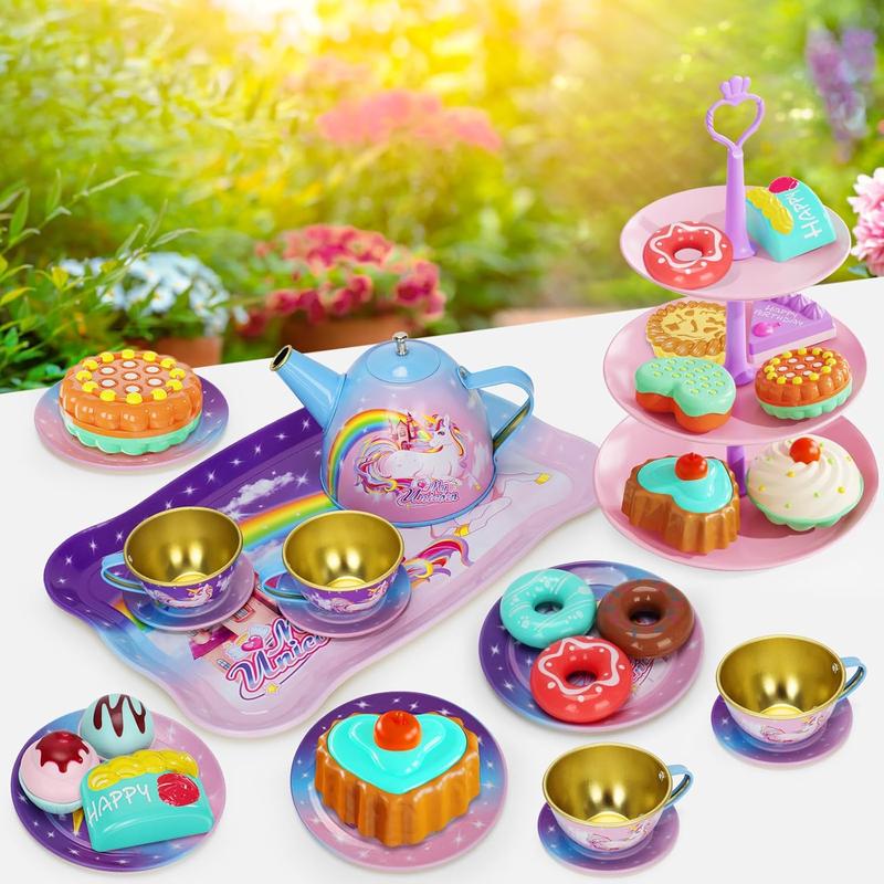 Chrismas  Girl Toys for 3+ Years Old, Tea Party Set for Little Girls, Kitchen Pretend Toy for Kids 3 4 5 6 Year Old, Girls Toys with Tin Tea Set, Desserts & Carrying Case, for Girls