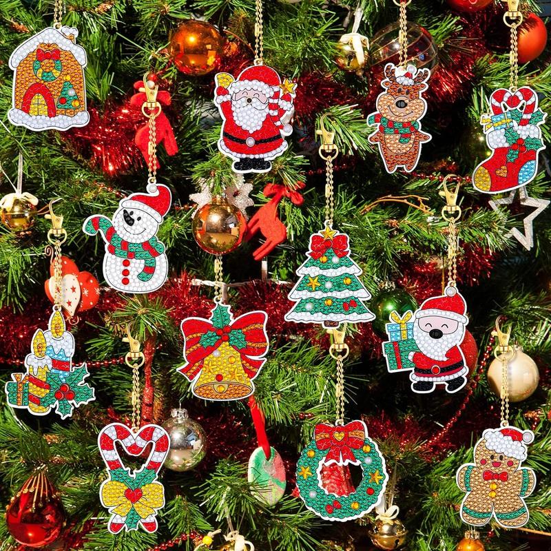 Cartoon Christmas Pattern DIY Painting Keychain Kits, 12pcs set DIY Diamond Arts Colorful Painting Keychain, DIY Art Decoration for Home & Party