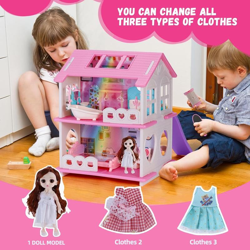 Christmas Doll House Girl Toys Dream Dollhouse 2-Story 4 Rooms Playhouse with 1 Dolls,3 Sets Doll Clothes, Lights, Furniture and Accessories, Pretend Play Toddler Doll Houses for Kids 3-8+ Year Old Gift