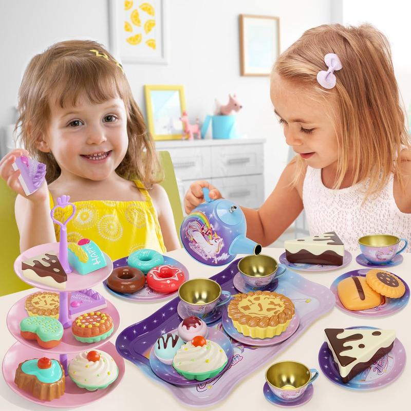 Chrismas  Girl Toys for 3+ Years Old, Tea Party Set for Little Girls, Kitchen Pretend Toy for Kids 3 4 5 6 Year Old, Girls Toys with Tin Tea Set, Desserts & Carrying Case, for Girls