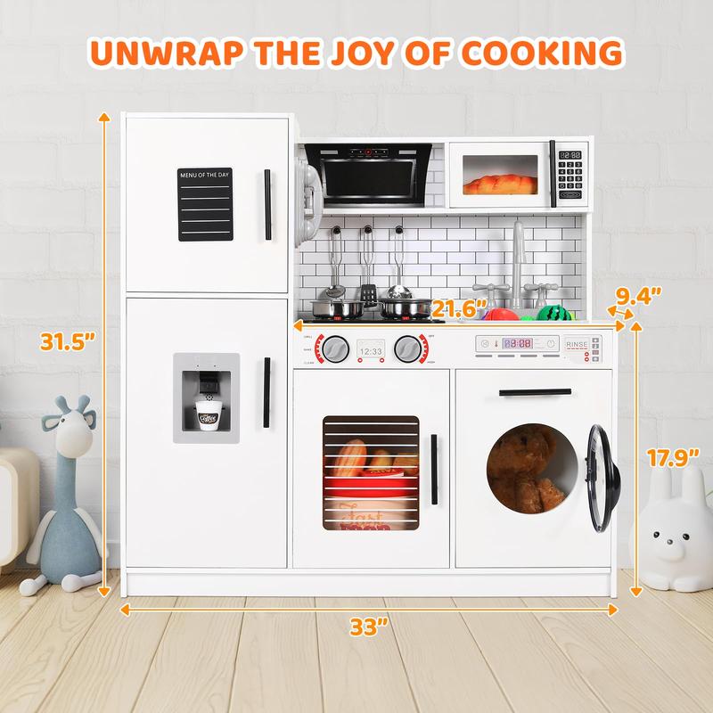 Wooden Chef Pretend Toy  Play Kitchen w Washing Machine, Water Dispenser, Stove, Real Sound & Light, Telephone, Range Hood, Oven, Sink