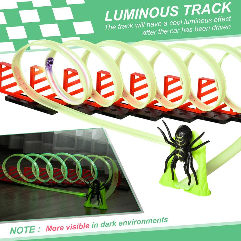 Qaba Track Builder Loop Kit Criss-Cross Glowing Race Track Toy Set Spooky Spider Fun Starter Kit, with Pull-back Car for 3-6 years old, Lime Green