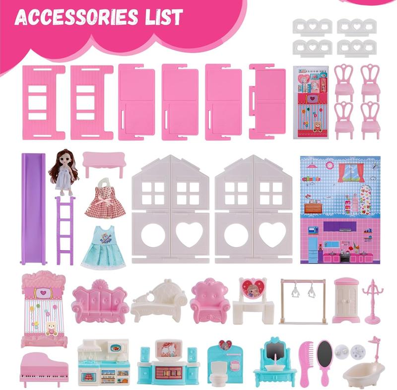 Christmas Doll House Girl Toys Dream Dollhouse 2-Story 4 Rooms Playhouse with 1 Dolls,3 Sets Doll Clothes, Lights, Furniture and Accessories, Pretend Play Toddler Doll Houses for Kids 3-8+ Year Old Gift