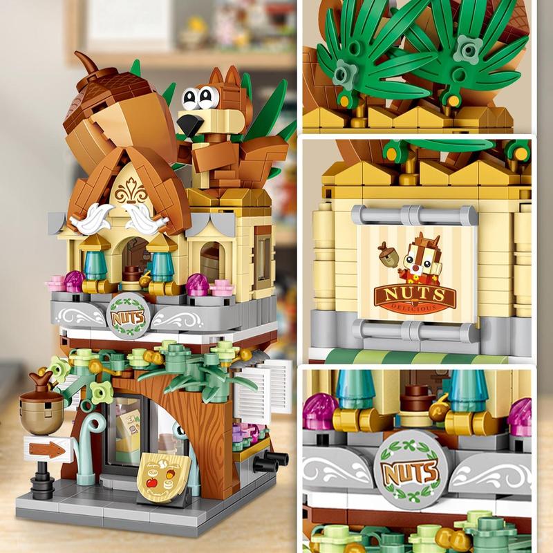 Squirrel Nut Shop Building Block Model, 486pcs set City Street View House Model Building Blocks Toy, Creative Desktop Decoration