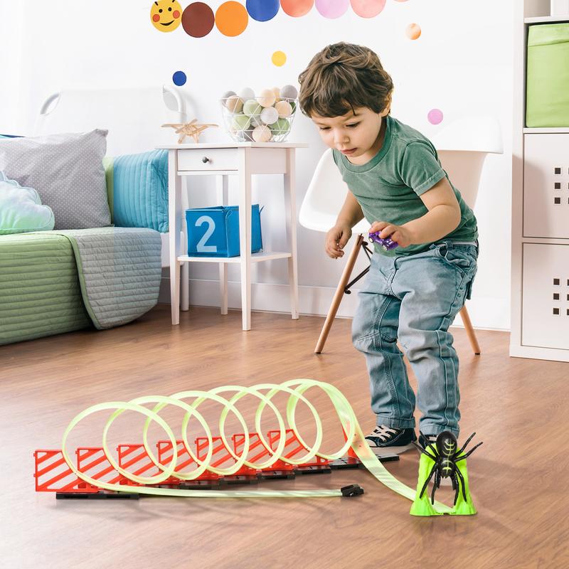 Qaba Track Builder Loop Kit Criss-Cross Glowing Race Track Toy Set Spooky Spider Fun Starter Kit, with Pull-back Car for 3-6 years old, Lime Green