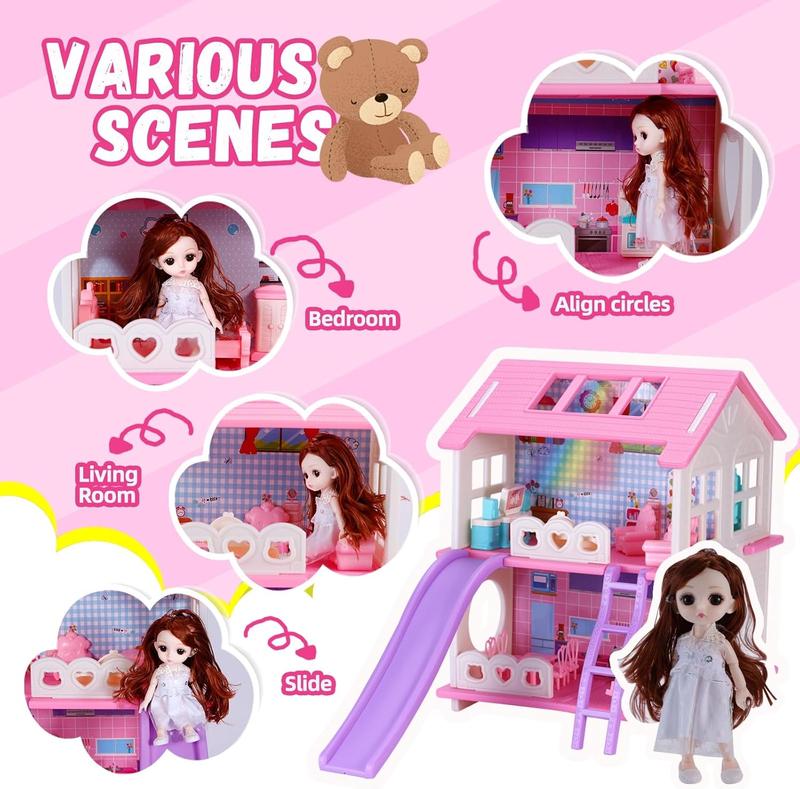 Christmas Doll House Girl Toys Dream Dollhouse 2-Story 4 Rooms Playhouse with 1 Dolls,3 Sets Doll Clothes, Lights, Furniture and Accessories, Pretend Play Toddler Doll Houses for Kids 3-8+ Year Old Gift