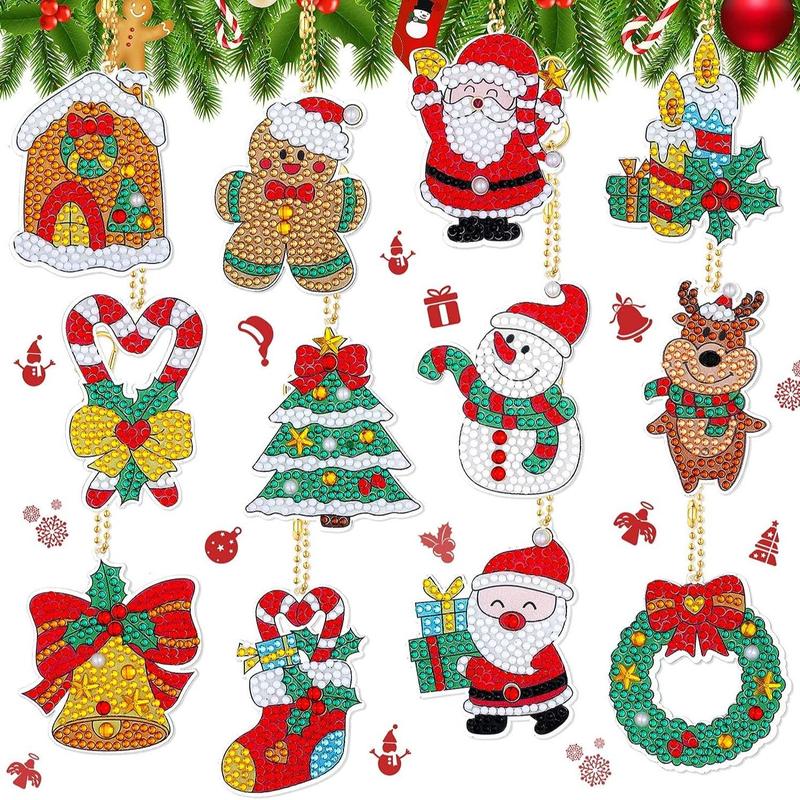 Cartoon Christmas Pattern DIY Painting Keychain Kits, 12pcs set DIY Diamond Arts Colorful Painting Keychain, DIY Art Decoration for Home & Party