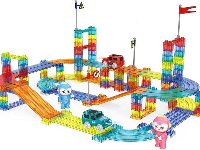 154PCS Magnetic Tile Track Playset includes LED cars, road signs, blocks and magnetic tiles. Great gift for children (batteries not included).