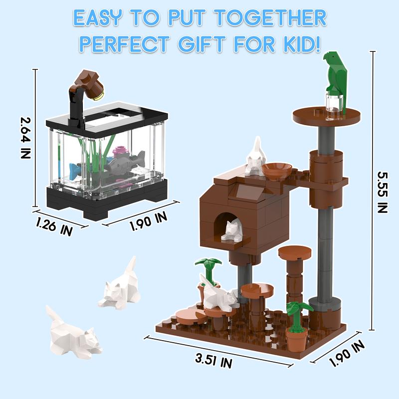 Tenhorses Cat Tree and Fish Tank Building Set, Farm Animals Cat Climber House with Cats, Fish and Parrot, Cute Action Figure Building Toys Creative Christmas Birthday Gift for Boys Girls 8+