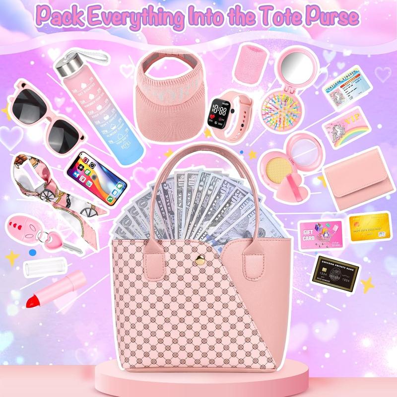 Christmas Play Purse for Little Girls, 34PCS Toddler Sports Purse with Sun Hat, Wristbands, Water Bottle, Princess Toys Includes Handbag, Wallet, Pretend Makeup for Kids Purse Birthday Gift for Girls 3 4 5 6 +