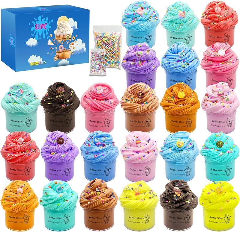 Christmas gift 24 Pack Slime kit, Butter Slime, Macaroon Colors Cake Donut and Fruit Party Favors Slime， Stretchy and Non-Sticky, Stress Relief Toy for Kids Partys