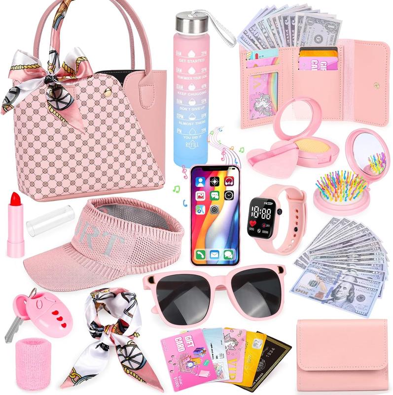 Christmas Play Purse for Little Girls, 34PCS Toddler Sports Purse with Sun Hat, Wristbands, Water Bottle, Princess Toys Includes Handbag, Wallet, Pretend Makeup for Kids Purse Birthday Gift for Girls 3 4 5 6 +