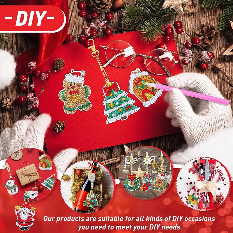 Cartoon Christmas Pattern DIY Painting Keychain Kits, 12pcs set DIY Diamond Arts Colorful Painting Keychain, DIY Art Decoration for Home & Party