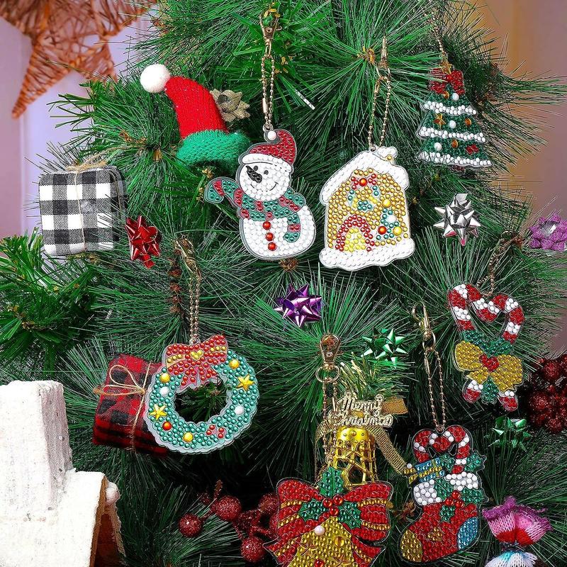 Cartoon Christmas Pattern DIY Painting Keychain Kits, 12pcs set DIY Diamond Arts Colorful Painting Keychain, DIY Art Decoration for Home & Party