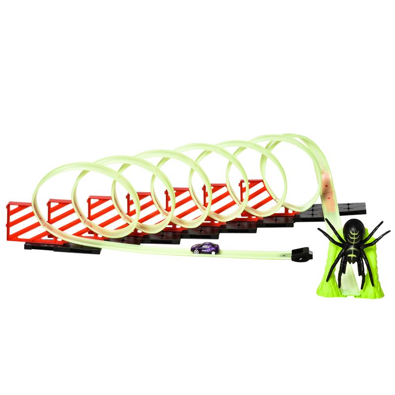 Qaba Track Builder Loop Kit Criss-Cross Glowing Race Track Toy Set Spooky Spider Fun Starter Kit, with Pull-back Car for 3-6 years old, Lime Green