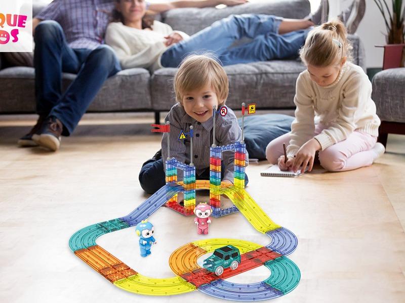 154PCS Magnetic Tile Track Playset includes LED cars, road signs, blocks and magnetic tiles. Great gift for children (batteries not included).