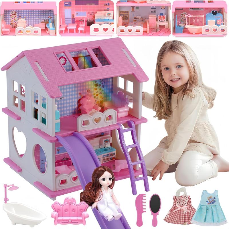 Christmas Doll House Girl Toys Dream Dollhouse 2-Story 4 Rooms Playhouse with 1 Dolls,3 Sets Doll Clothes, Lights, Furniture and Accessories, Pretend Play Toddler Doll Houses for Kids 3-8+ Year Old Gift