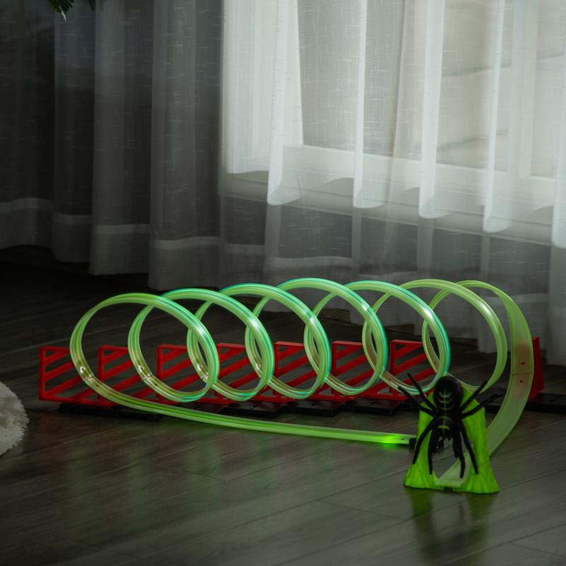 Qaba Track Builder Loop Kit Criss-Cross Glowing Race Track Toy Set Spooky Spider Fun Starter Kit, with Pull-back Car for 3-6 years old, Lime Green