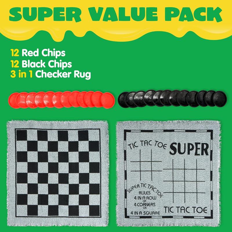 3-in-1 Giant Checkers and Tic Tac Toe Game Set, Reversible Mat with 24 Chips, Family Board Game for Indoor & Outdoor Fun, Perfect for BBQs, Parties, and All Ages