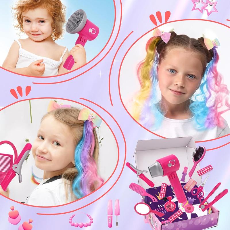 Christmas Hair Salon Toys for Girls Beauty Salon Set with Pretend Play Hair Salon Stylist Toy Kit with Barber Apron, Hair Dryer, Mirror, Scissors and Styling Accessories