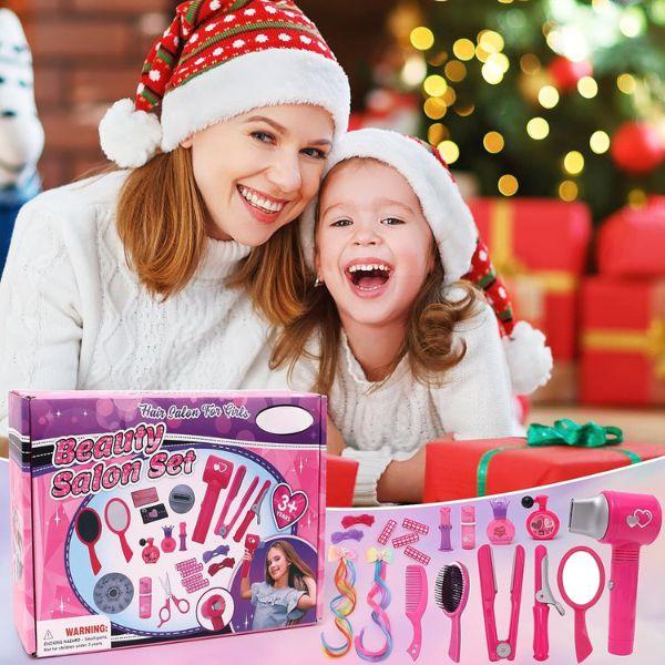 Christmas Hair Salon Toys for Girls Beauty Salon Set with Pretend Play Hair Salon Stylist Toy Kit with Barber Apron, Hair Dryer, Mirror, Scissors and Styling Accessories