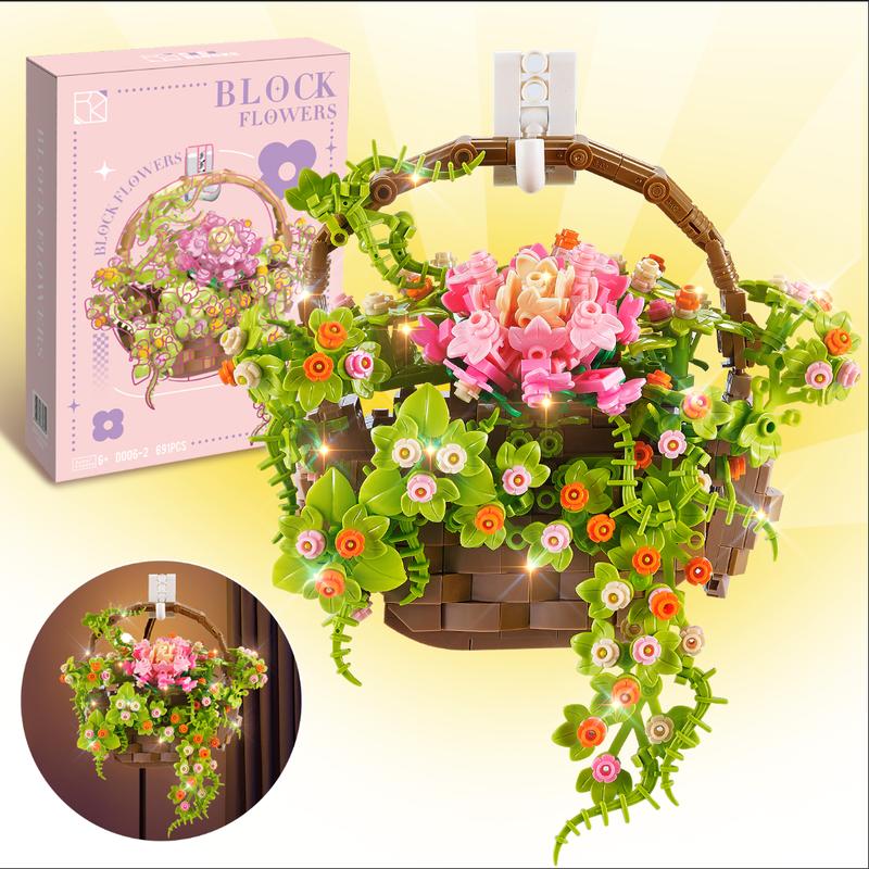 Flower Basket Building Block, Flower Bouquet Kits 691PCS Flower Succulent Building Bricks with LED Light and Wall Decor Great Gift for Kids Adult