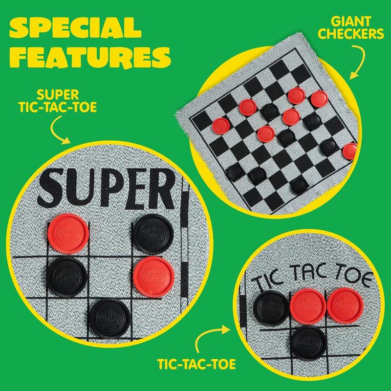 3-in-1 Giant Checkers and Tic Tac Toe Game Set, Reversible Mat with 24 Chips, Family Board Game for Indoor & Outdoor Fun, Perfect for BBQs, Parties, and All Ages