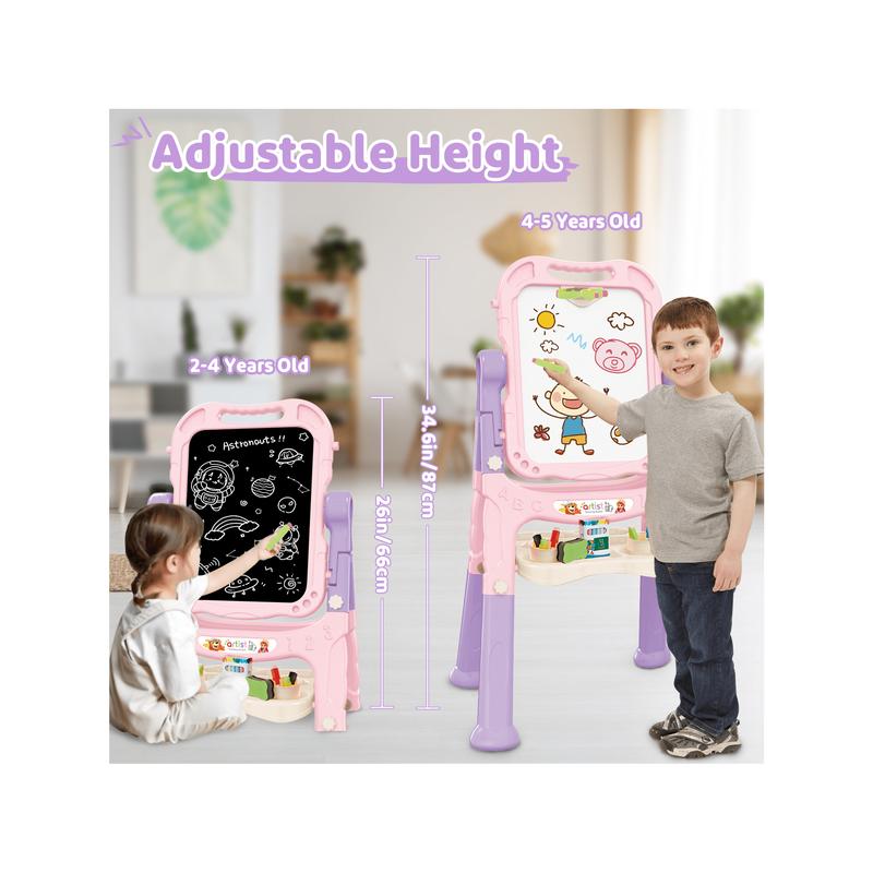 Art Easel Toys For Kids, 4-In-1 Double Magnetic Drawing Board Adjustable Standing Rotatable Sidewalk Chalk With Painting Writing Accessories, Easel Toys Birthday Gifts For Girls Boy