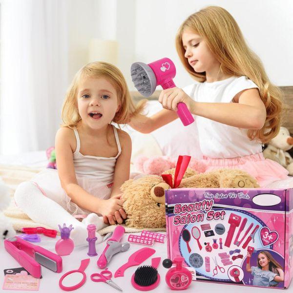 Christmas Hair Salon Toys for Girls Beauty Salon Set with Pretend Play Hair Salon Stylist Toy Kit with Barber Apron, Hair Dryer, Mirror, Scissors and Styling Accessories