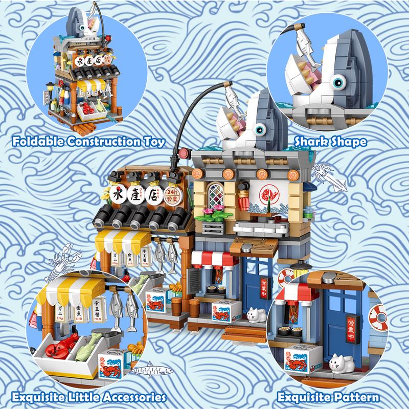 Shark aquatic store street view collapsible building blocks assembly toys, city street view building blocks assembly, decorative toy pieces building blocks